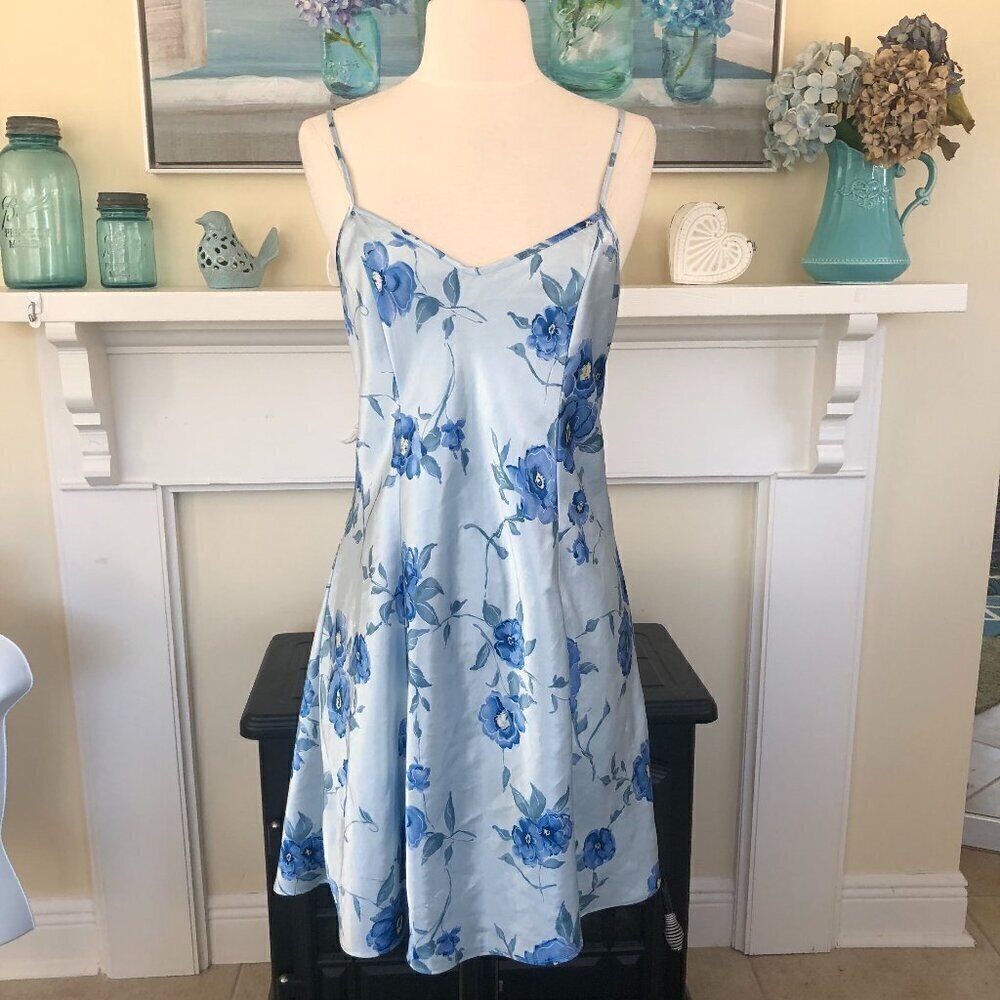 Private Luxuries Blue Floral Short Nightgown Satiny Slip Dress 90s Y2K Size M